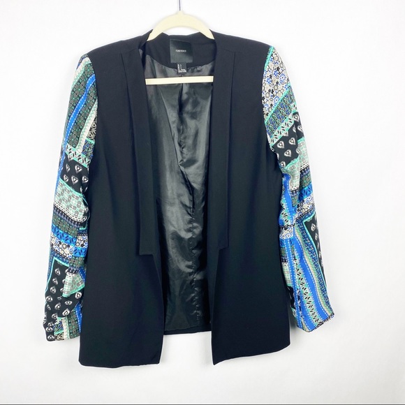 Forever 21 Black Printed Sleeve Open Blazer - Picture 1 of 5